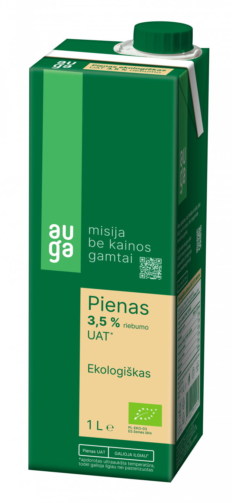 Made from milk collected from AUGA organic farms in Lithuania.