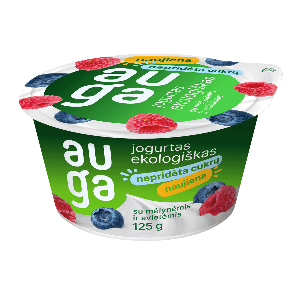 Jogurtas su mėlynėmis ir avietėmis 3,5 % rieb., ekologiškas, 125 g