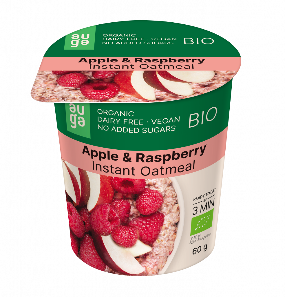 Oatmeal porridge with apples and raspberries, whole grain, instant, organic, 60 g