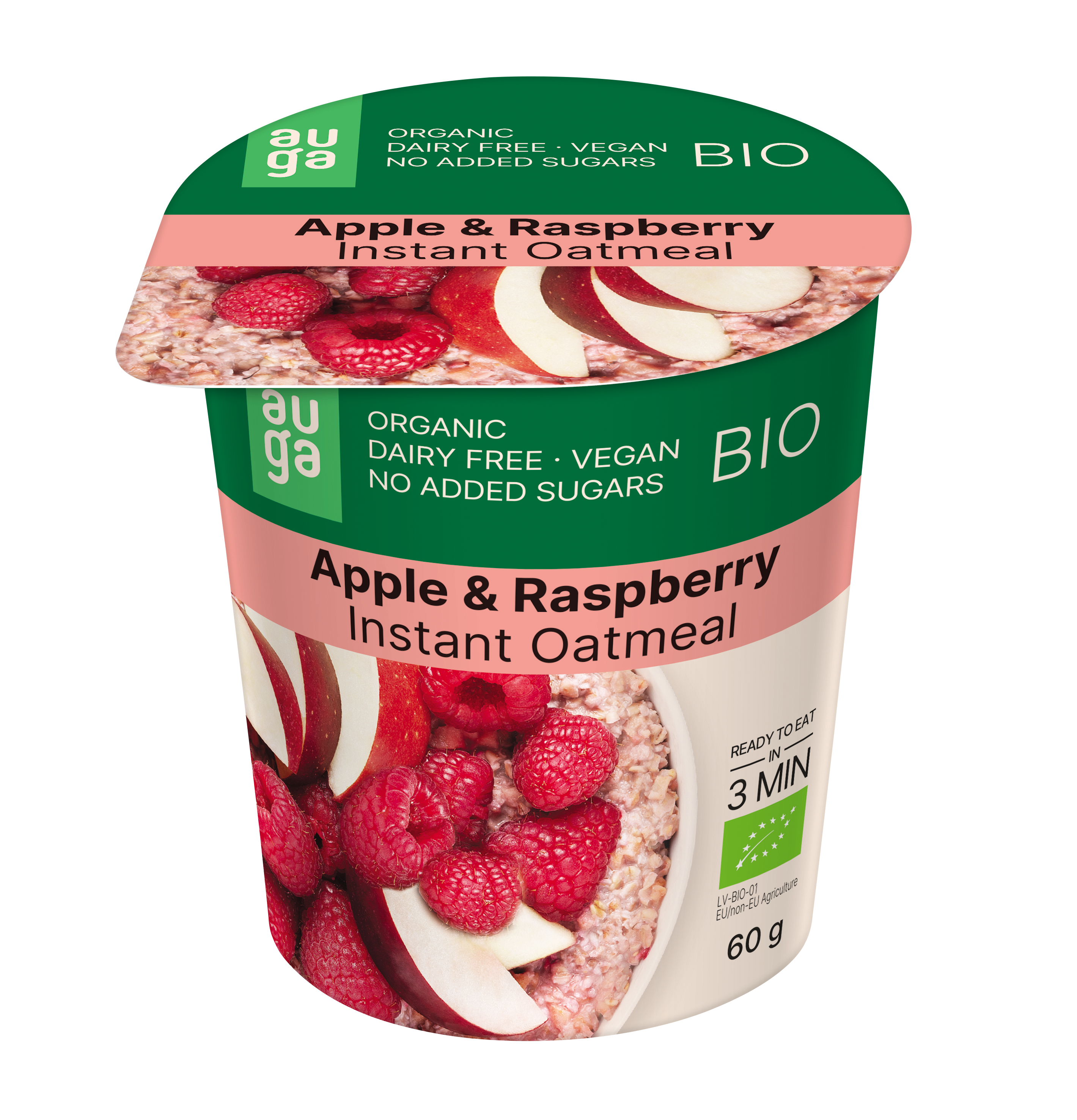 Oatmeal porridge with apples and raspberries, whole grain, instant, organic, 60 g