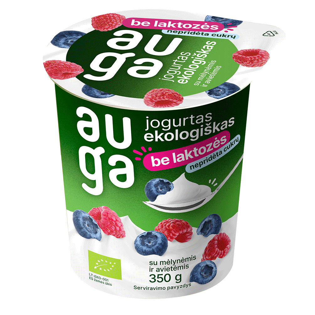 Jogurtas su mėlynėmis ir avietėmis 3,5 % rieb., be laktozės, ekologiškas, 350 g